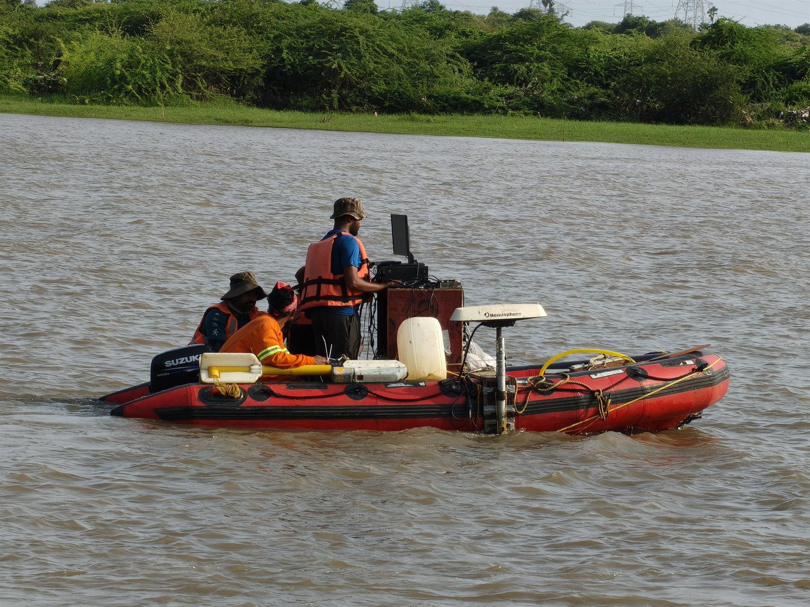 Side scan sonar survey boat at a river crossing on GAIL's HVJ pipeline network, Gujarat